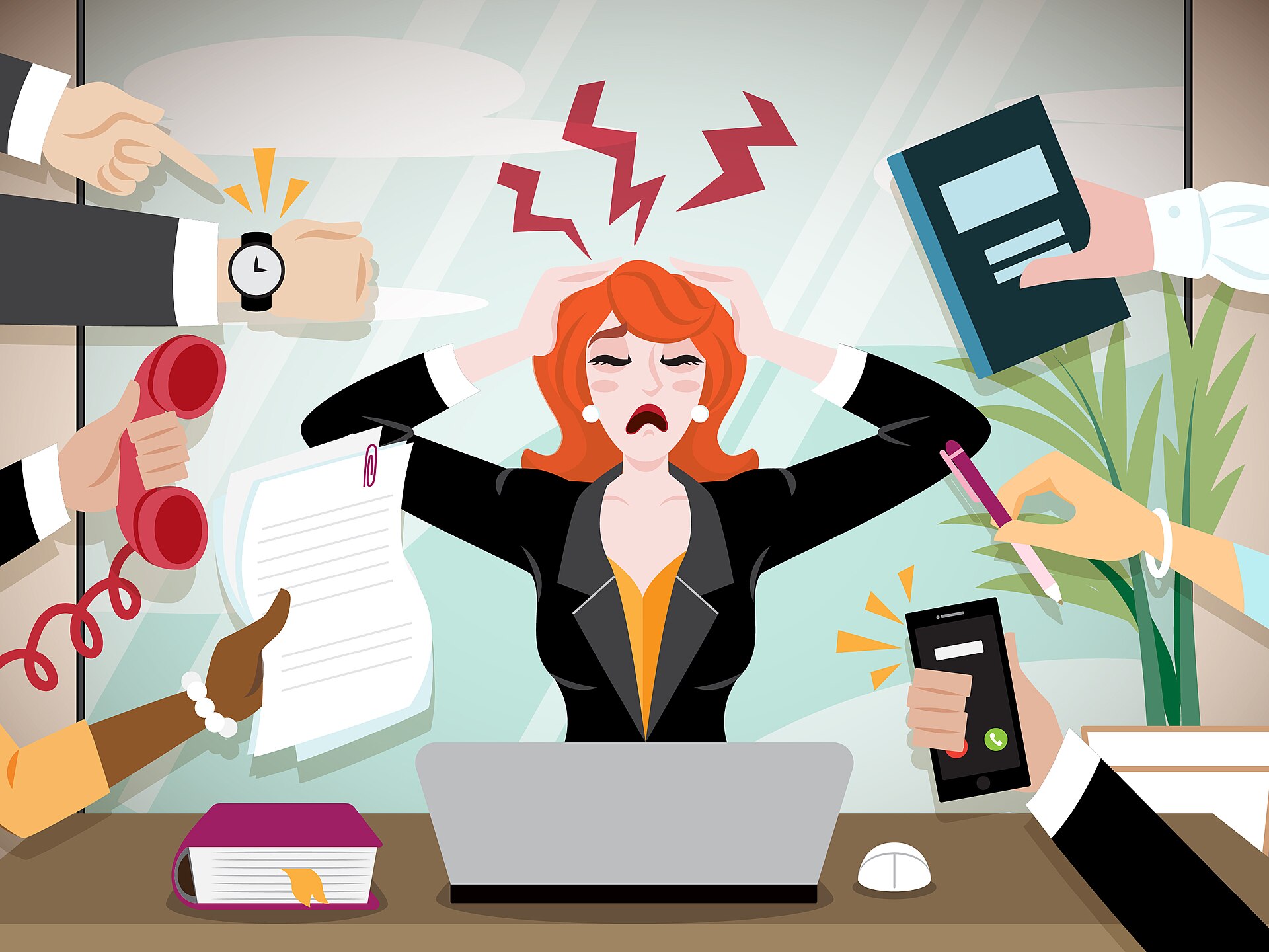 Illustration of woman suffering from work related stress as her employees try to hand her more work tasks. This image is licensed under the Attribution Creative Commons licence, which means you can use it as long as you credit us by linking to ciphr.com/