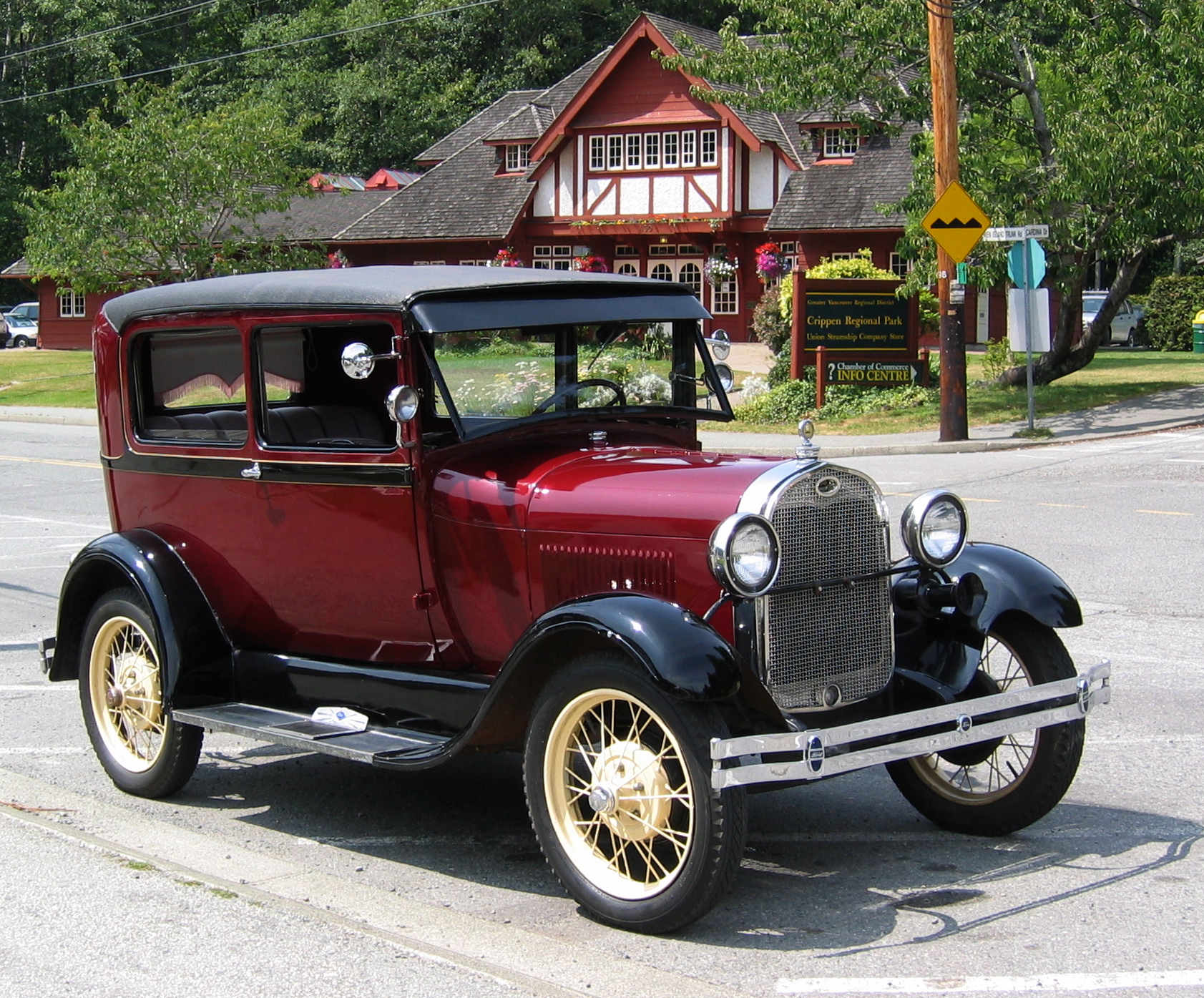 A 1928 Model A Ford in front of Bowen Island Public Library, owned by Dan C. of Bowen Island.